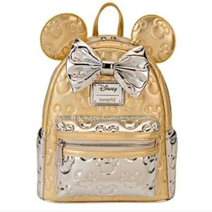 Loungefly Minnie Mouse Gold and Silver Metallic Quilted Mini Backpack